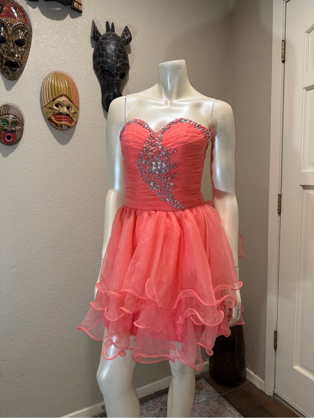 Coral Pink Beaded Tulle Party Dress